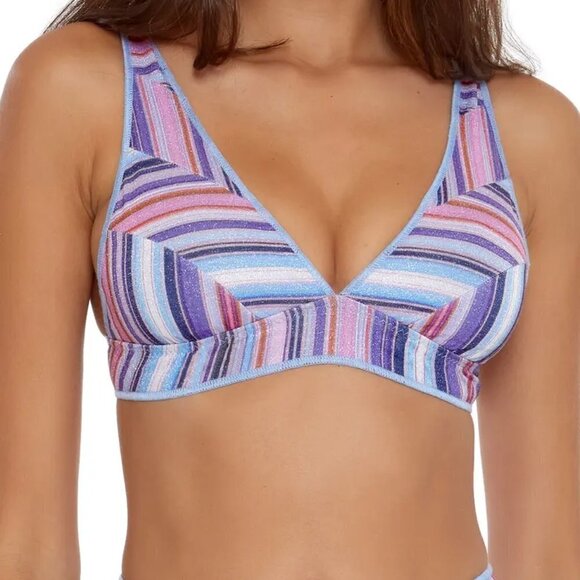 NWT Becca South Coast Halter Bikini Plunge Top in Pink Blue Stripe Sz. L - Picture 4 of 4